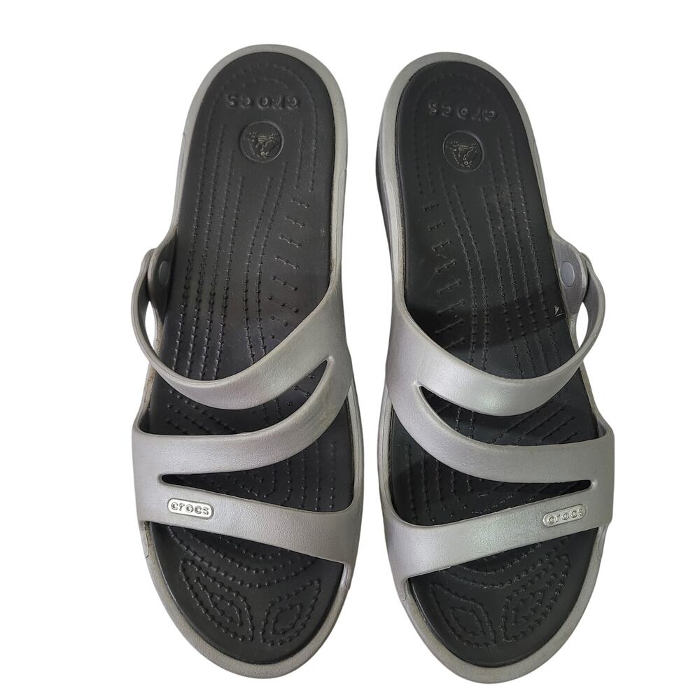 Crocs‎ Size W11 Slip On Silver Black Swiftwater Strappy Sandals Open Back